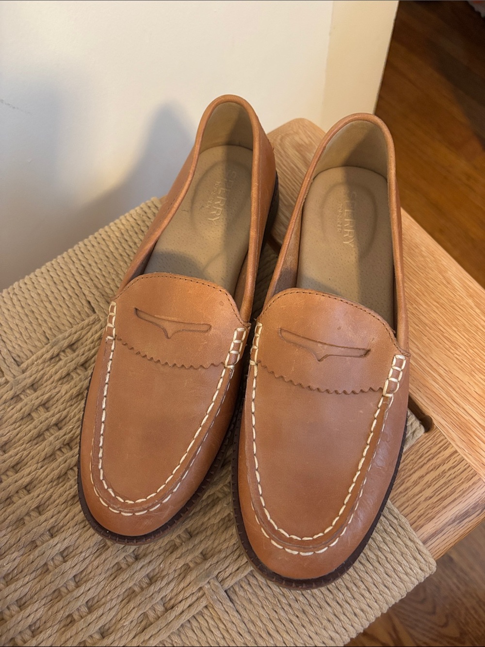 Sperry Tan Leather Penny Loafers with White Stitching